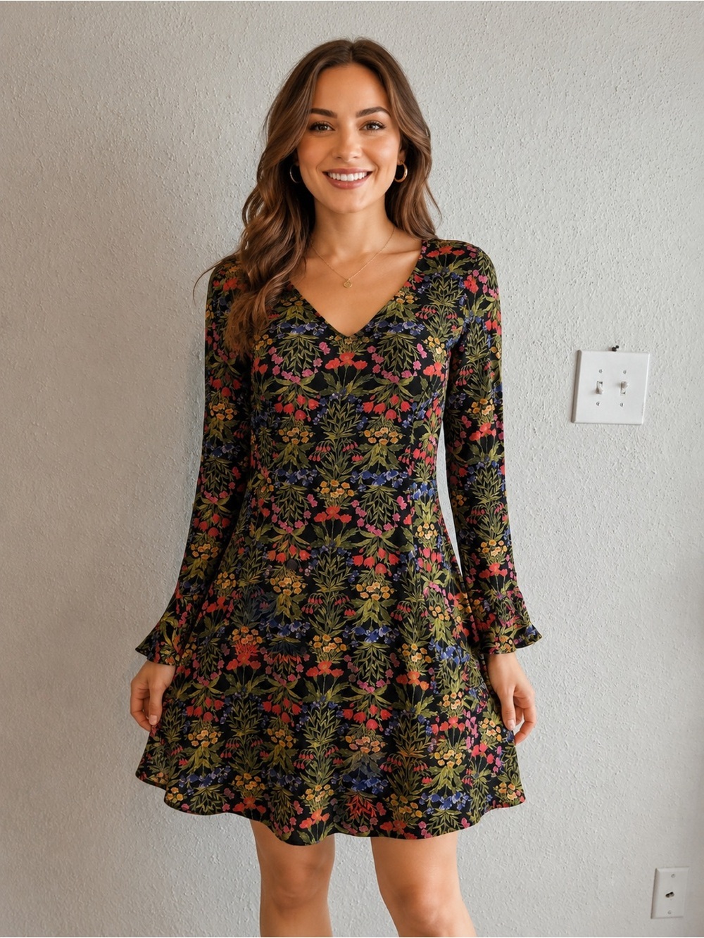Old Navy Black Floral V-Neck Long Sleeve Dress